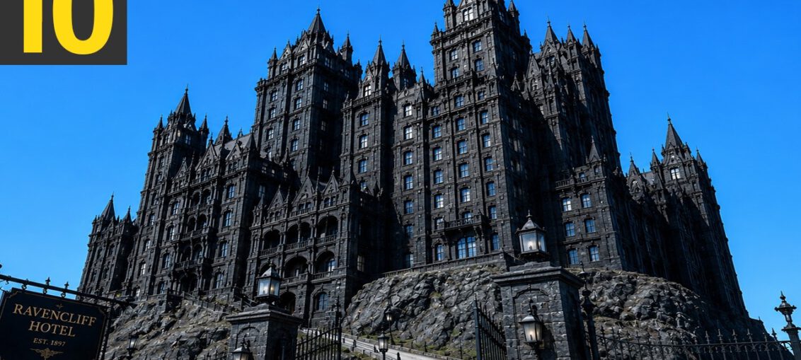 Haunted castle hotel illuminated at night with eerie fog and ghostly atmosphere.