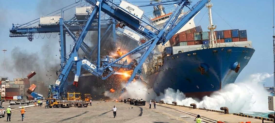 Large construction crane collapsing during a heavy lift operation after losing stability at a work site.