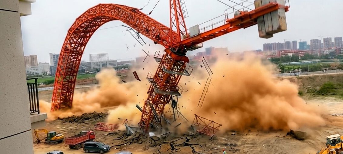 Massive crane collapsing during a heavy lifting operation